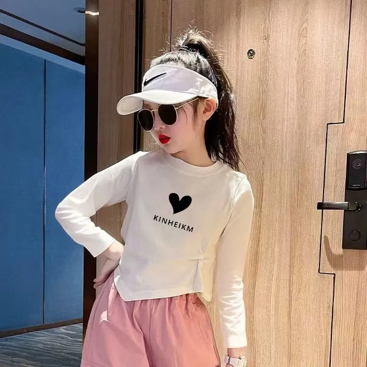 女童白色长袖t恤春秋季小女孩新款打底衫儿童不规则修身短款上衣