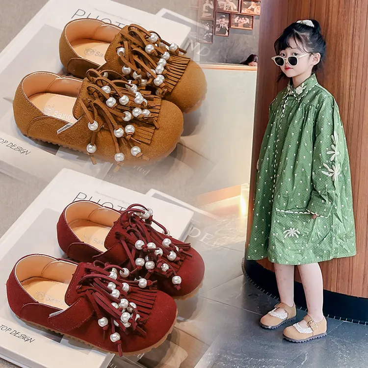 女童流苏珍珠勃肯鞋磨砂皮百搭公主鞋2025春秋新款小女孩宝宝皮鞋