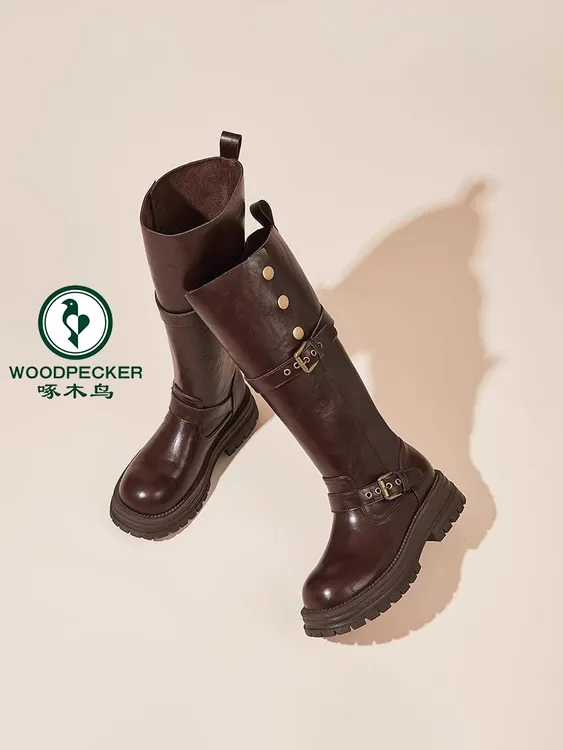 啄木鸟美拉德长筒靴2025新款大码棕色粗跟厚底不过膝骑士靴女粗腿