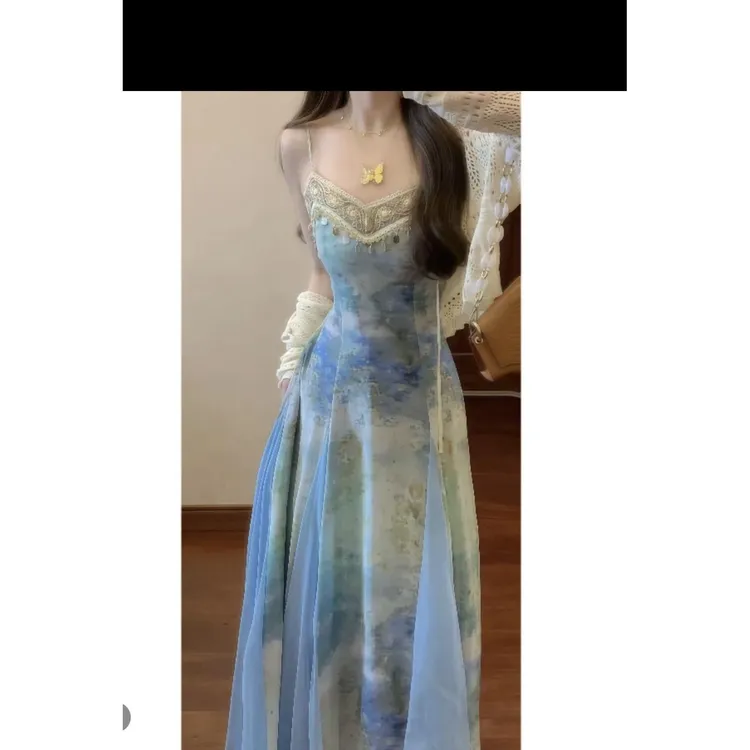 复古花边织带晕染印花吊带连衣裙度假风长裙&防晒空调开衫9203