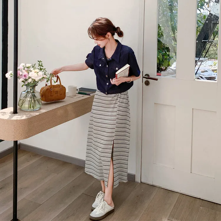 韩系慵懒风套装裙夏季女2025新款松弛感极简风条纹开叉吊带裙外套