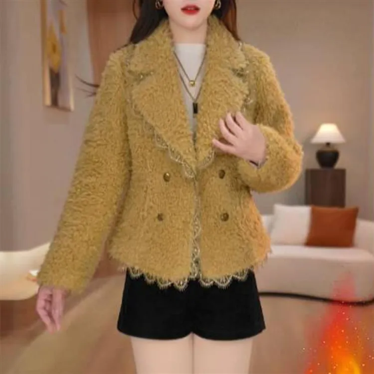 优雅气质翻领蕾丝边加厚保暖毛毛短外套B小香风洋气休闲百搭上衣