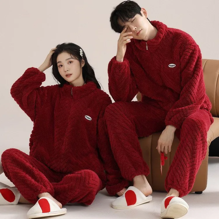 2025新款本命年红色情侣睡衣结婚法兰绒男女士春秋冬季珊瑚绒套