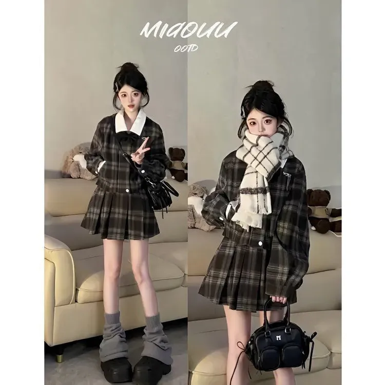 女生格子百褶裙套装美式复古学院风冬款日常通勤穿搭