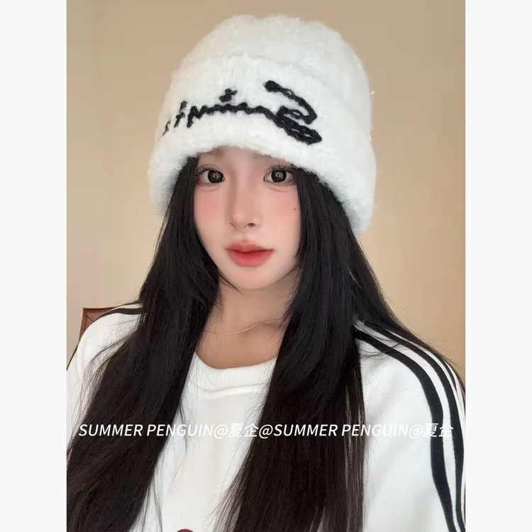 SUMMER PENGUIN针织大弹力字母毛线帽女秋冬保暖针织显脸小包头帽