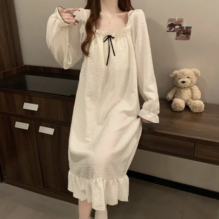 云朵棉甜美少女日系睡裙女春秋长袖带胸垫宽松大码睡衣孕妇家居服