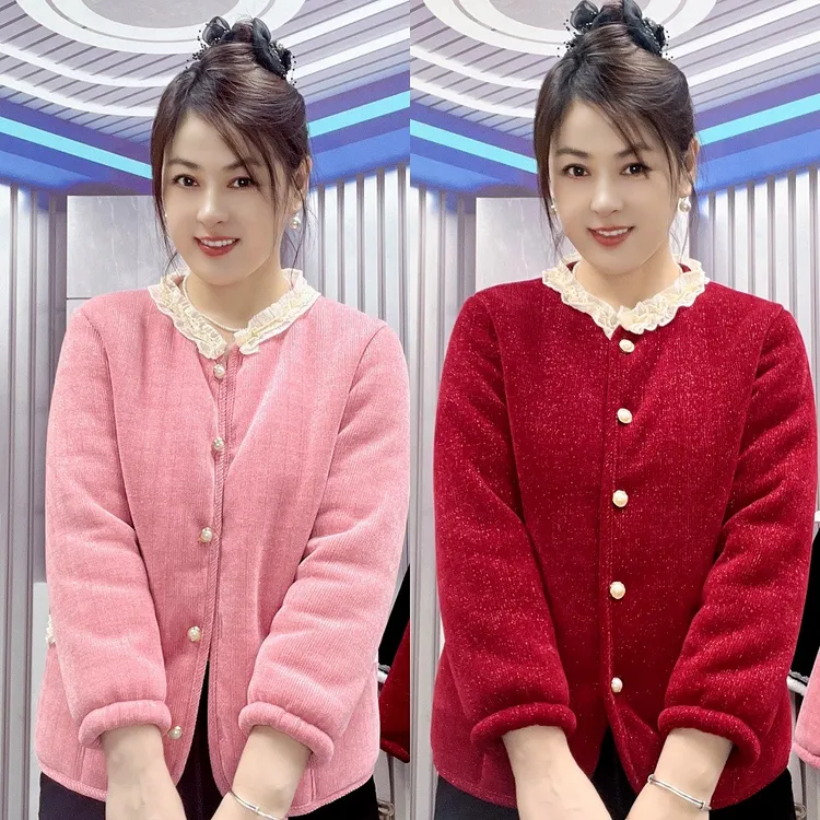 冬季新款三层加绒加厚【小香风花边领棉服】保暖居家时尚抗寒棉衣