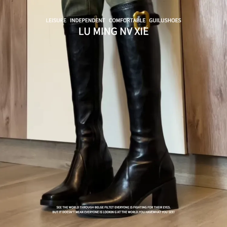 羊皮版~2025秋冬新款复古风皮带扣高筒长靴粗跟显瘦骑士靴时装靴