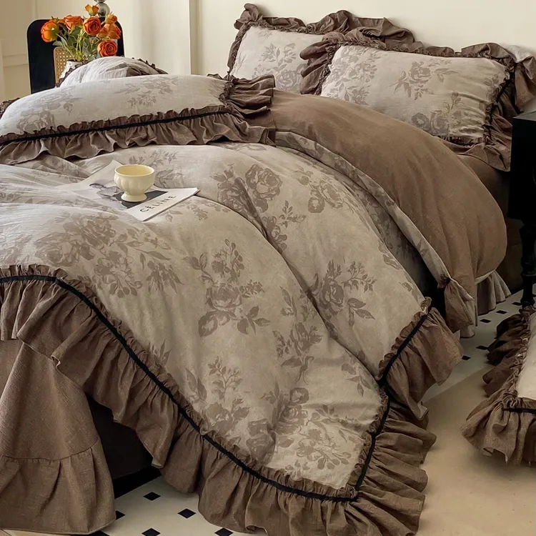 法式水洗亚麻床上四件套夏季花边款被套床单单人三件套非全棉纯棉