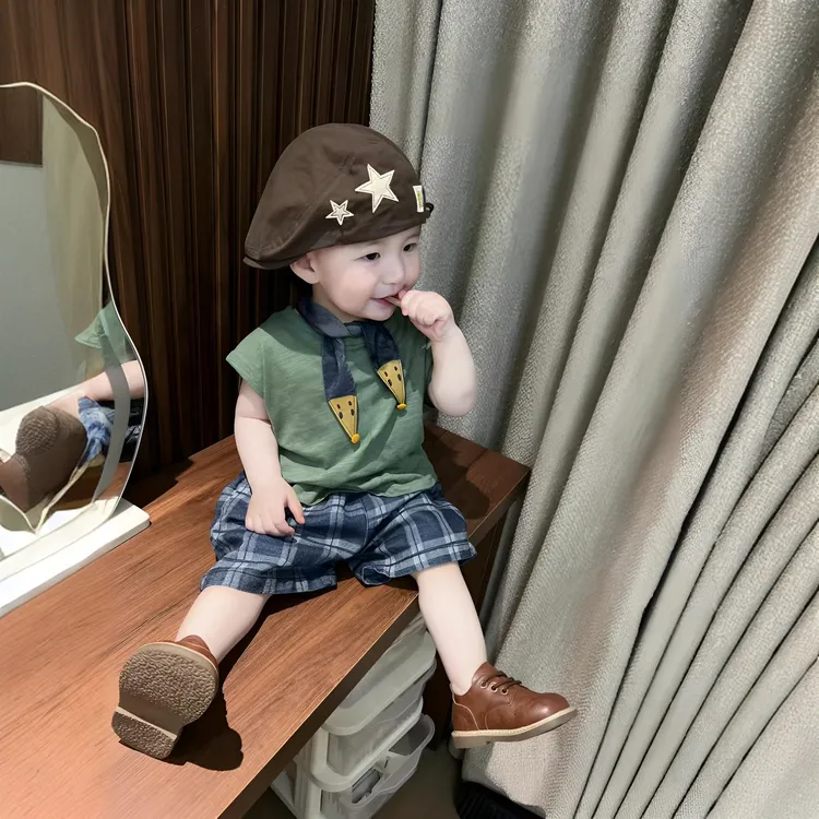 男童夏季套装2025新款洋气儿童装无袖背心格子短裤森系夏装两件套
