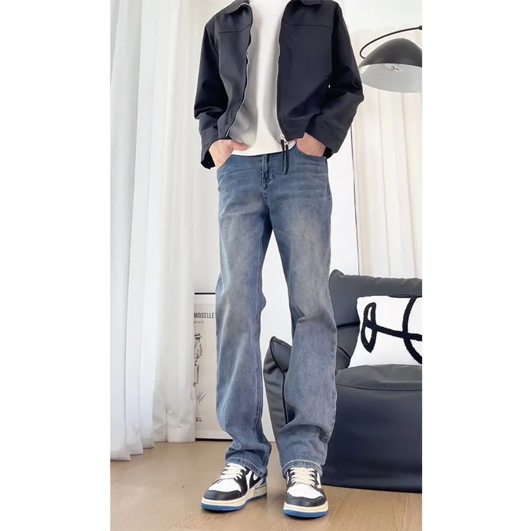 男士美式高街vibe牛仔裤蓝色水洗加绒潮宽松直筒显瘦cleanfit长裤