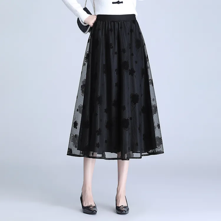 拉夏贝尔植绒纱两面穿印花半身裙女2025新款高腰过膝A字大摆裙潮