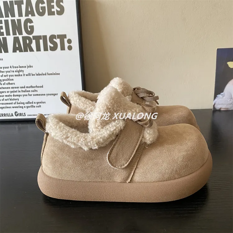 丑萌魔术贴加绒面包鞋女2025新款冬季大头勃肯鞋厚底保暖雪地棉鞋