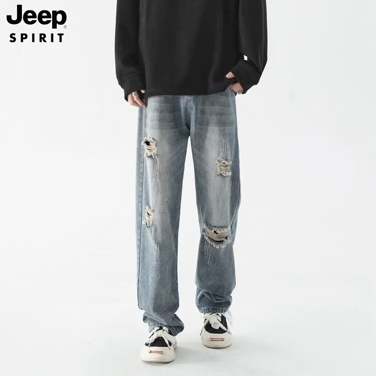 JEEP吉普美式复古透气牛仔裤男士春秋季新款高街嘻哈直筒破洞长裤