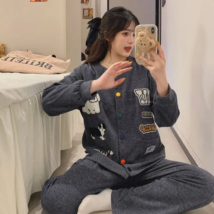 秋冬男女同款深灰卡通小狗长袖睡衣羊绒外穿加厚保暖家居服两件套