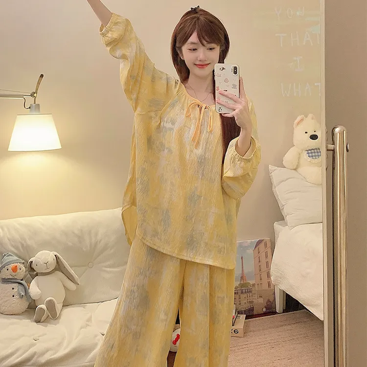 带胸垫睡衣女2025秋季新款琉璃黄双长宽松可外穿家居服套装