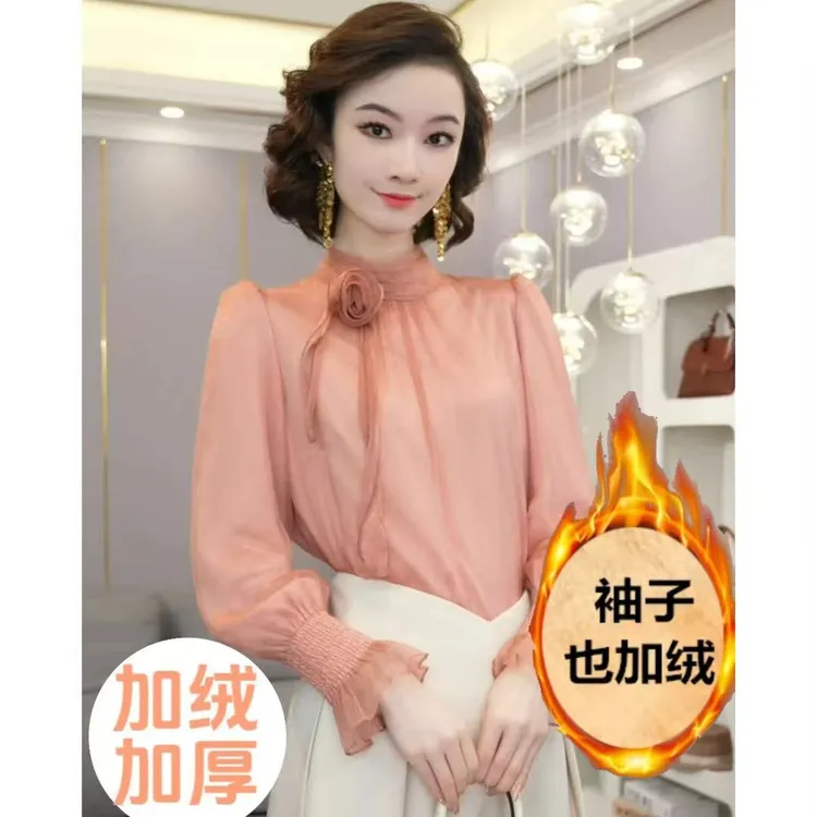 加绒加厚衬衫女2025秋冬季新款独特别致漂亮法式高端内搭长袖上衣