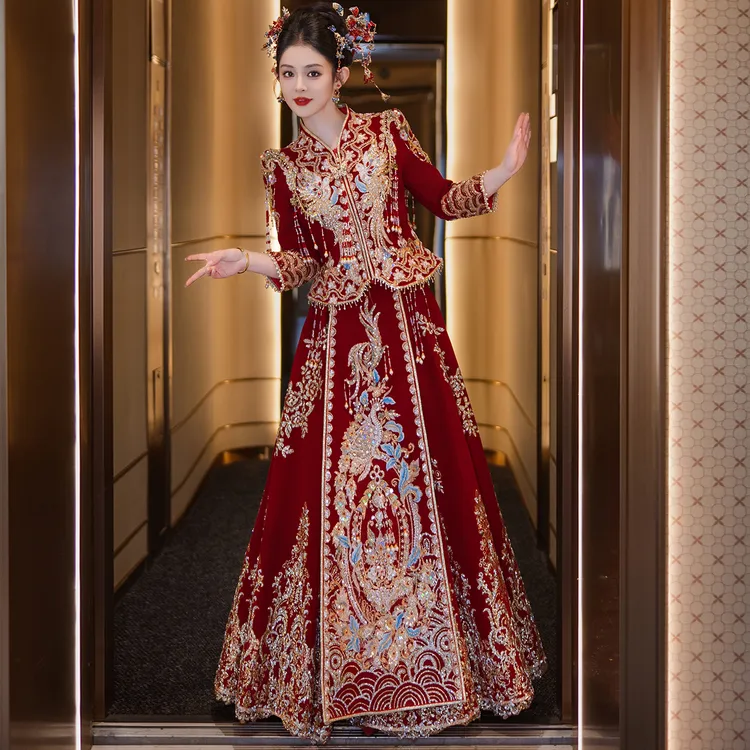 丝绒秀禾服婚服2025中式结婚嫁衣新中式重工出阁龙凤褂新娘服装女