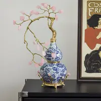 青花瓷葫芦摆件粉水晶纯铜配饰摆件客厅摆放送礼佳品