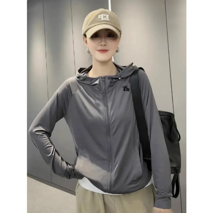 灰色冰丝连帽防晒衣女春季欧货宽松小个子女款立领防晒服外套薄款