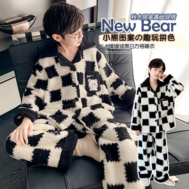 2025新款衣服儿童秋款秋冬款加厚加绒时尚韩版休韩版儿童睡衣韩系