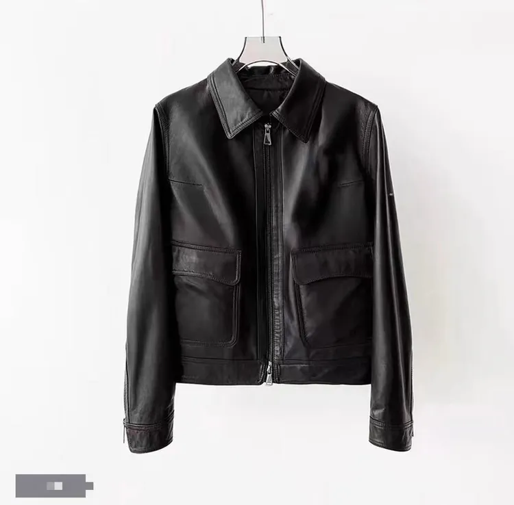 以赛亚.黑珍珠皮衣女时尚复古绵羊皮真皮夹克外套短款翻领