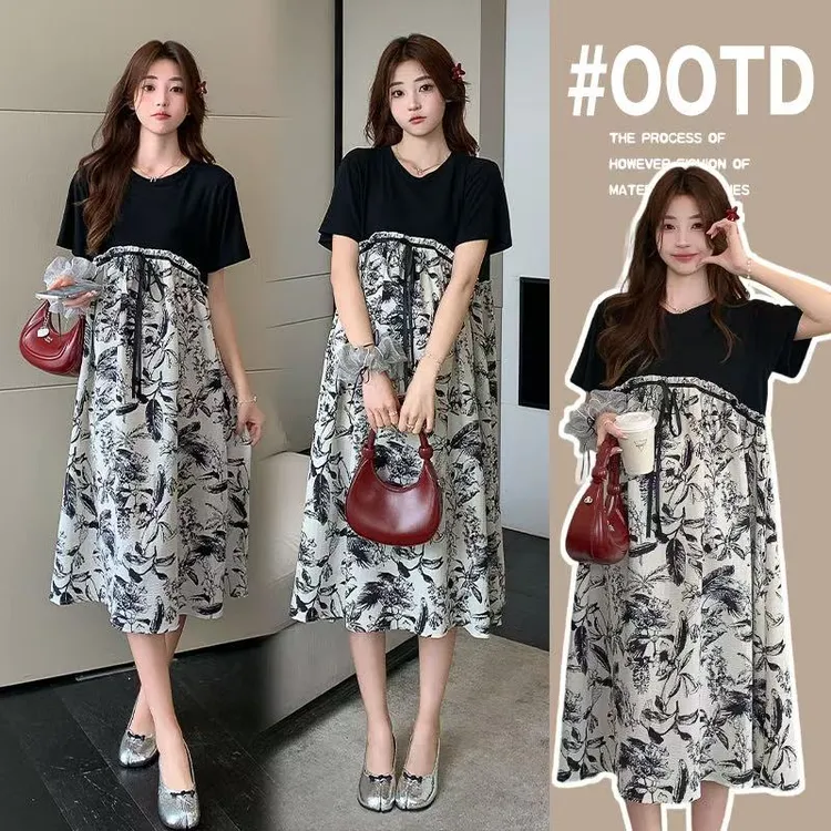 2025夏季孕妇中长款碎花孕妇连衣裙时尚洋气拼接宽松减龄遮肚