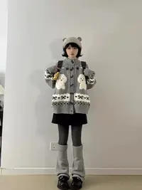A179-灰色费尔岛小狗提花毛衣外套女秋冬小个子加厚牛角扣针织1