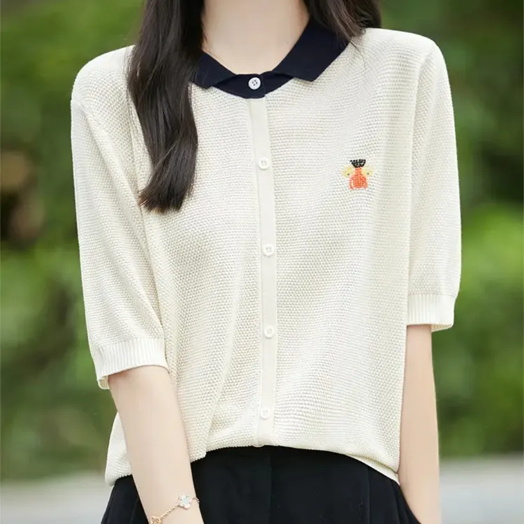 上衣女装蜜蜂刺绣方领夏毛针织衫短款短袖气质薄款