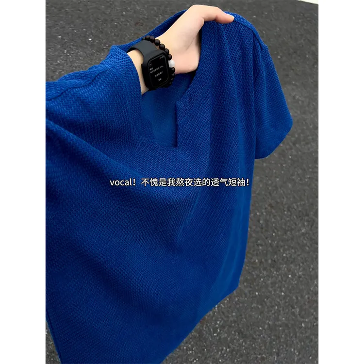 美式复古龙鳞纹V领短袖男夏季潮牌肌理感透风透气新款百搭T恤上衣
