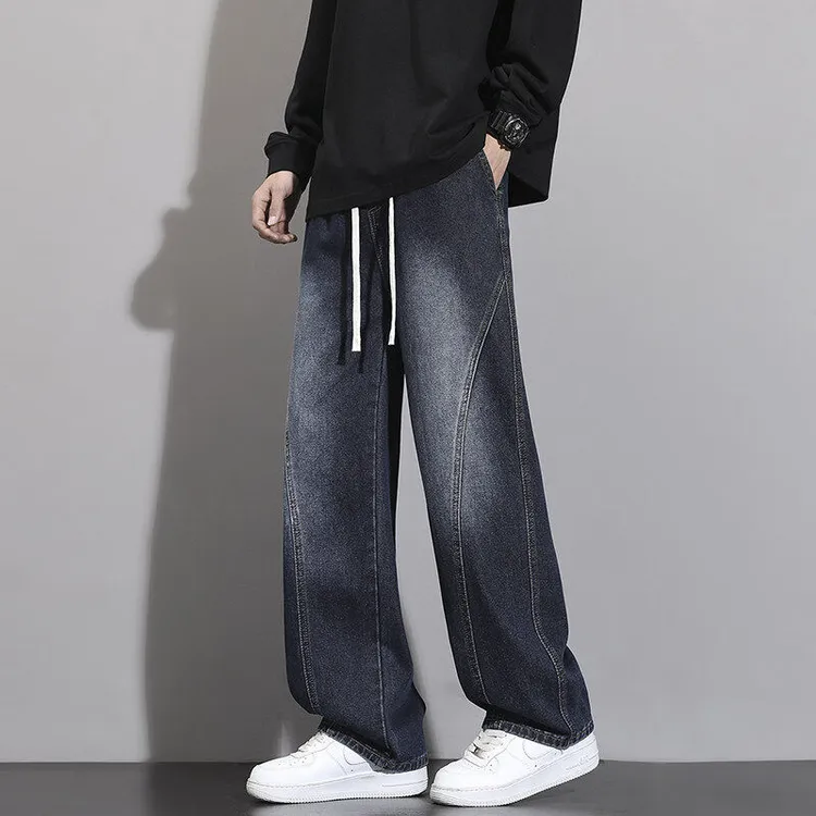 水洗渐变磨白牛仔裤男春夏款休闲男裤美式高街宽松阔腿直筒老爹裤