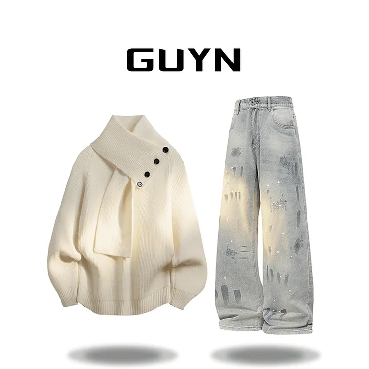【品牌现货】GUYN慵懒风围巾领针织衫毛衣套装男秋冬季牛仔裤两件套