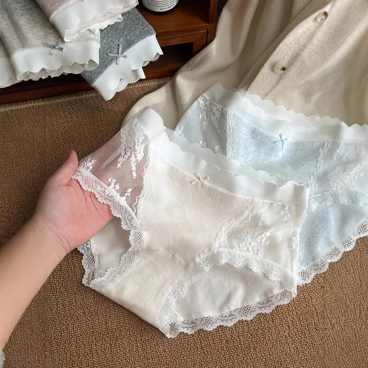7A新疆长绒棉女士棉内裤纯欲蕾丝内裤中腰网纱无痕甜美三角裤女