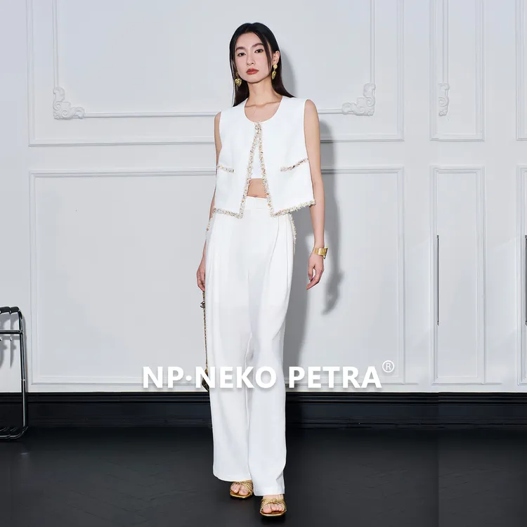 【爱微专属】小香风织边马甲阔腿裤套装气质通勤时尚款NPHT60030