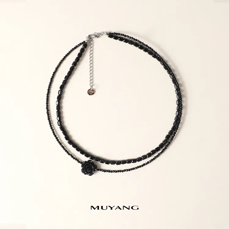 muyang/慕阳 钛钢树脂项链 爆款黑色项链锁骨链轻奢黑玫瑰项链商品图