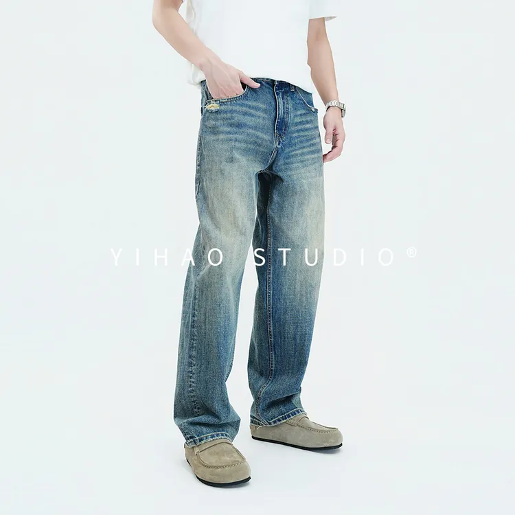 YIHAO STUDIO秋季男款美式复古直筒宽松牛仔裤百搭水洗休闲长裤