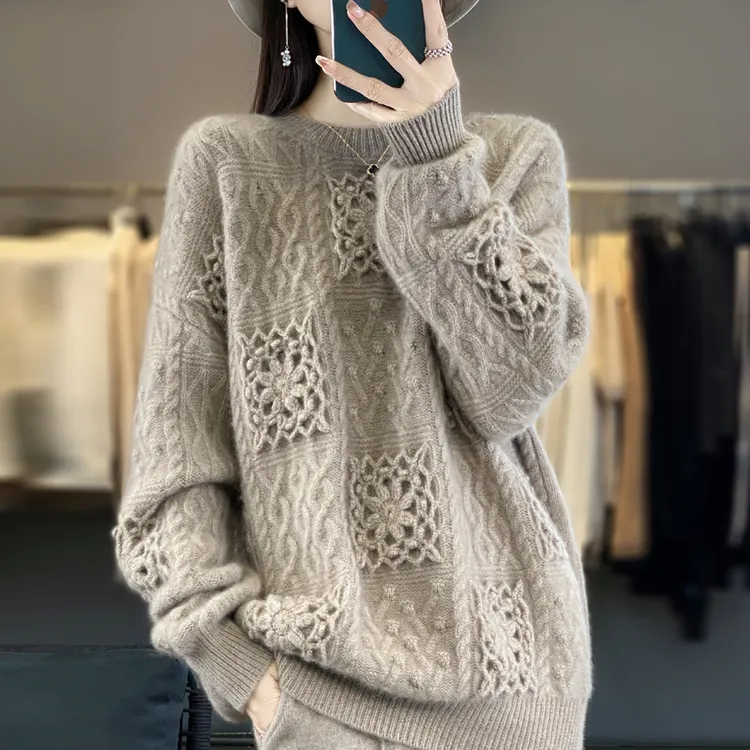 恒彩源新款100纯羊毛衫厚宽松高级感洋气镂空钩花羊绒加厚打底衫