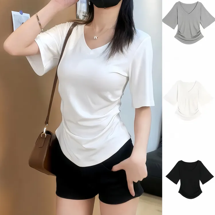 正肩大码女装V领荡袖短袖修身褶皱上衣纯欲风遮肉显瘦百搭T恤潮