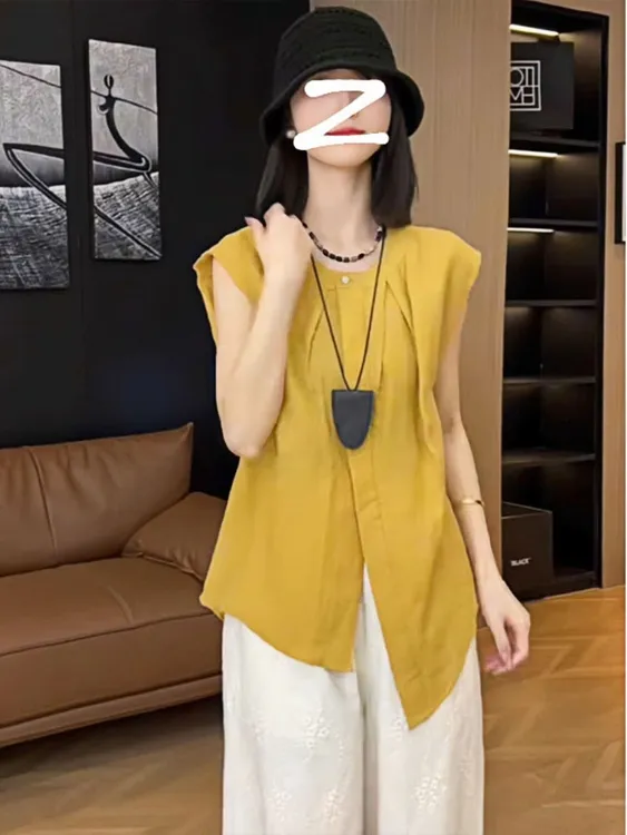 黄色背心衬衫宽松裤子女2025新款夏季设计感别致法式气质女士套装
