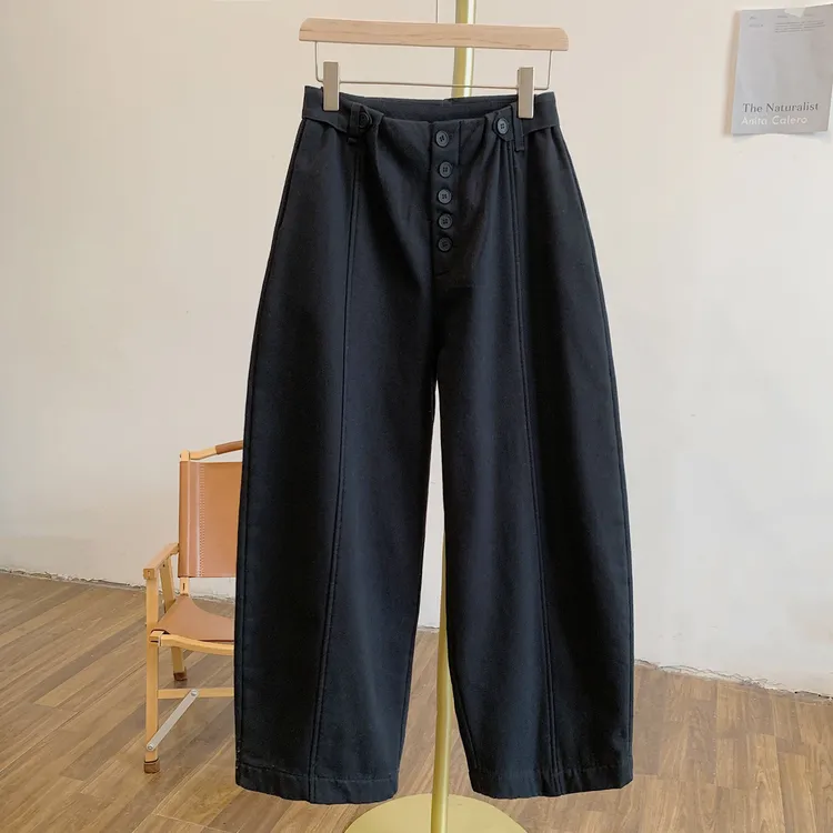 纽扣裤Y4053加绒可调节绊扣宽松休闲裤