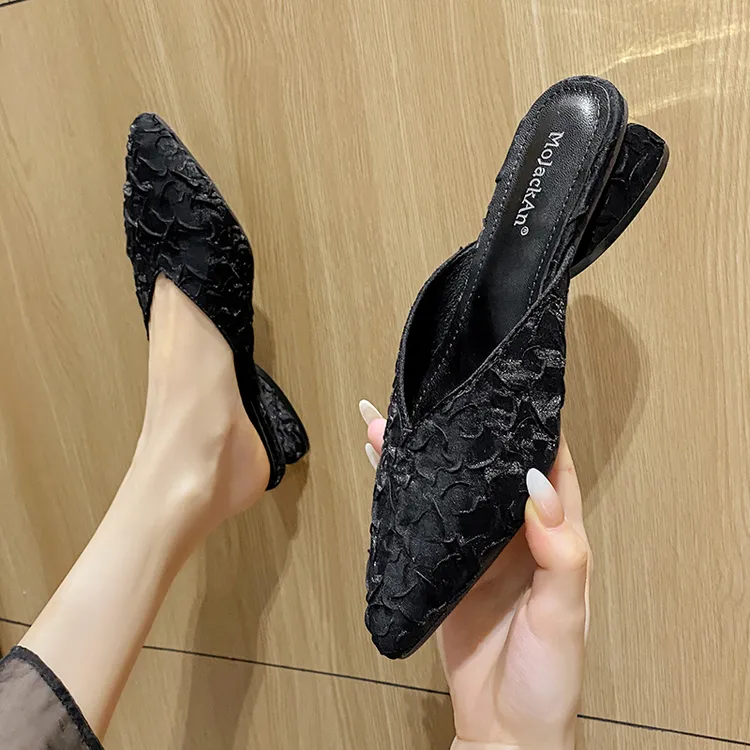 真皮高端定制新中式绸缎凉拖气质法式尖头单鞋网红中跟包头半拖鞋