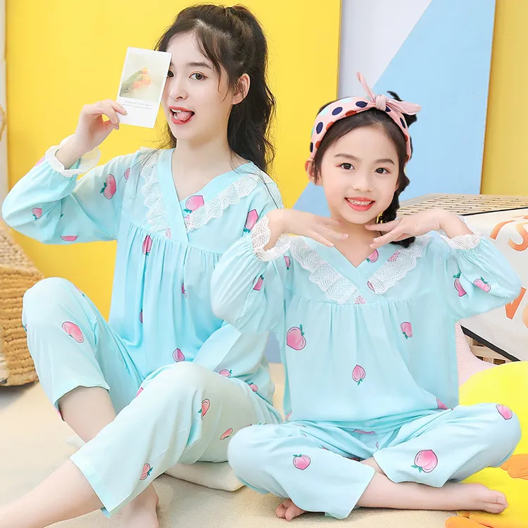 女童棉绸睡衣薄款夏季长袖小孩儿童中大绵绸空调家居服亲子套装