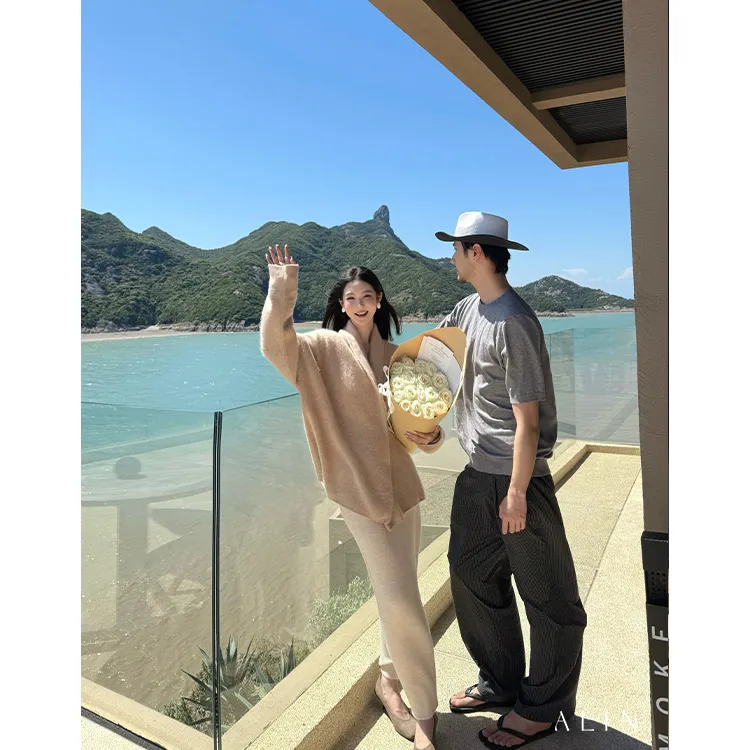 阿琳ALIN【雾漫】全羊毛奶咖色卷边堆领廓形针织开衫女上衣AL5OZS11