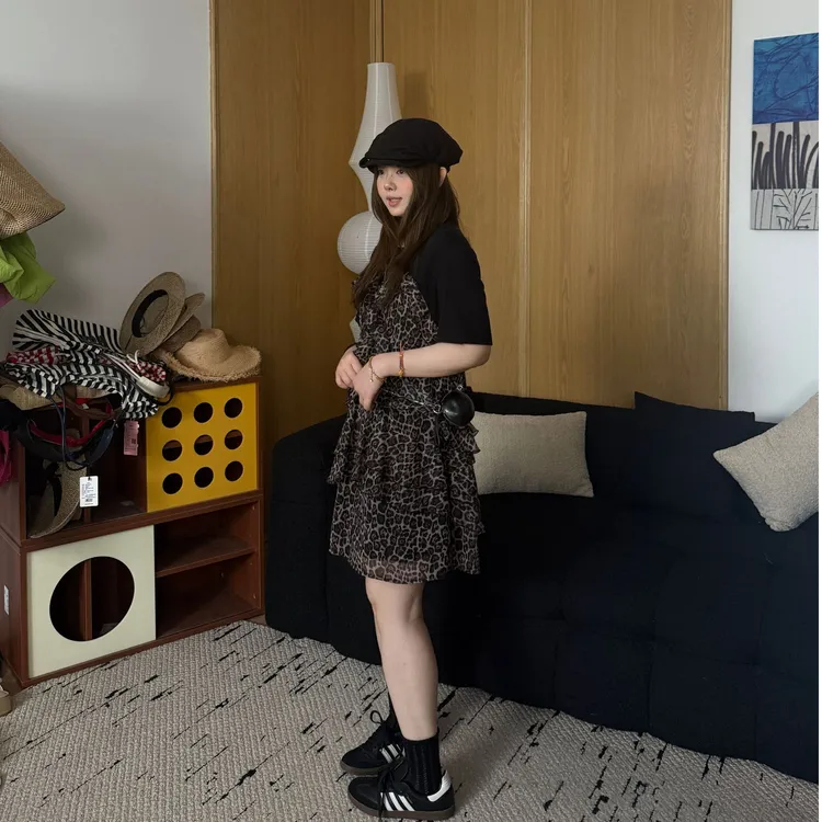 晶咕软软【野性美】法式豹纹印花辣妹风假两件花纹设计感连