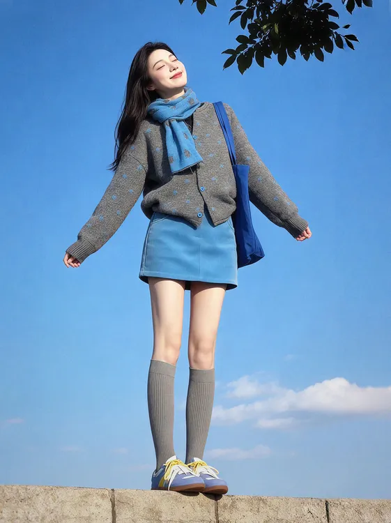 韩系一整套ootd穿搭高级感套装女波点针织开衫毛衣半身裙两件套装