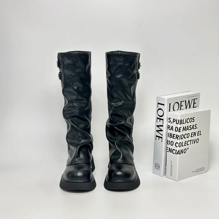 新款厚底圆头增高长靴爆款美拉德平底长筒靴女款高筒靴平底长筒靴