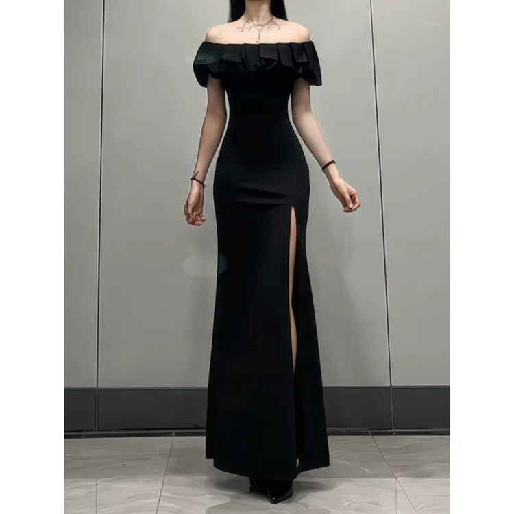 性感宴会气质长裙修身性感露肩小礼服显身材法式开叉连衣裙