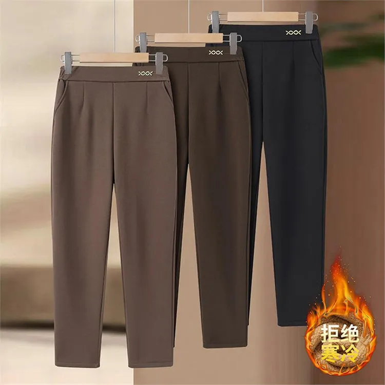 妈妈裤子秋冬加绒加厚中老年女裤宽松高腰休闲长裤奶奶保暖毛呢裤