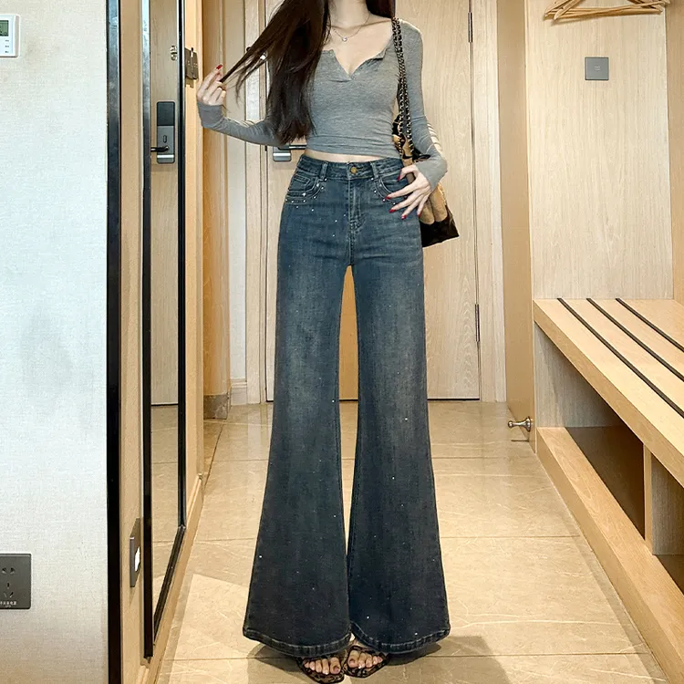 烫钻不贴腿微喇叭牛仔小个子女2025秋季新款高腰宽松喇叭裤设计感