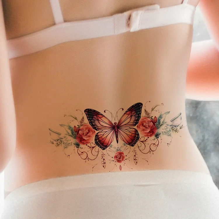 20张加大花朵AI蝴蝶纹身贴纸女蕾丝美背背部胸前大腿防水遮疤吸睛